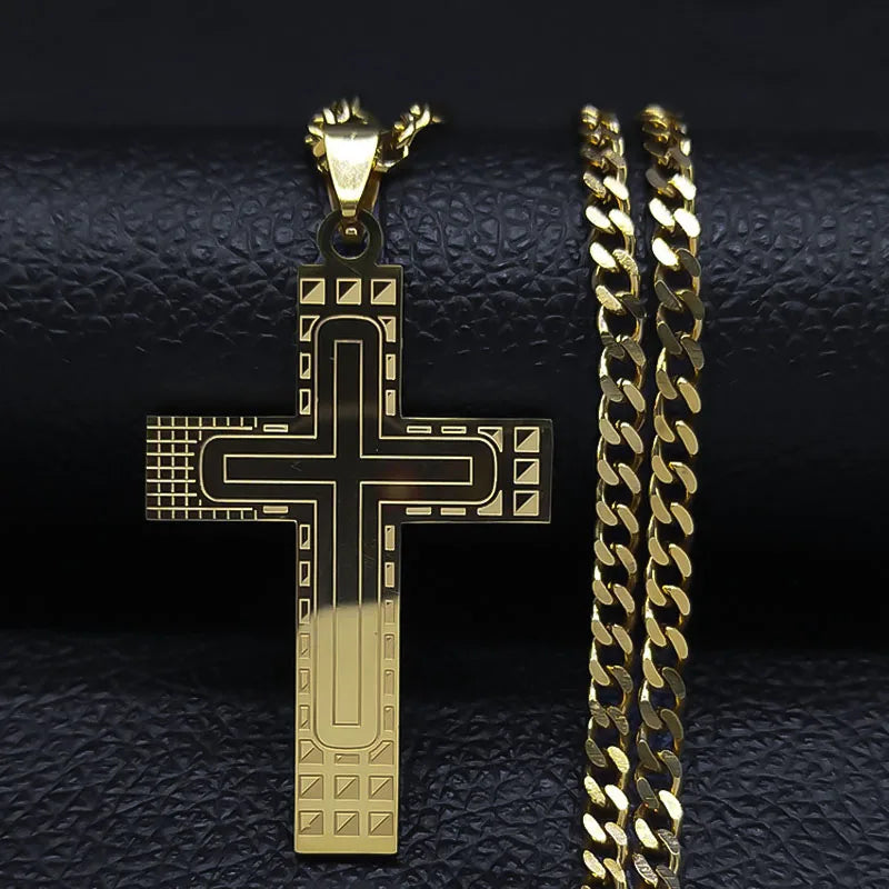 2024 Fashion Punk Cross Stainless Steel Necklace Chain Women Gold Color Statement Necklace Jewelry Collier Homme N3552S05