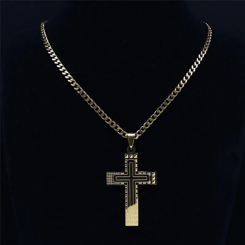 2024 Fashion Punk Cross Stainless Steel Necklace Chain Women Gold Color Statement Necklace Jewelry Collier Homme N3552S05